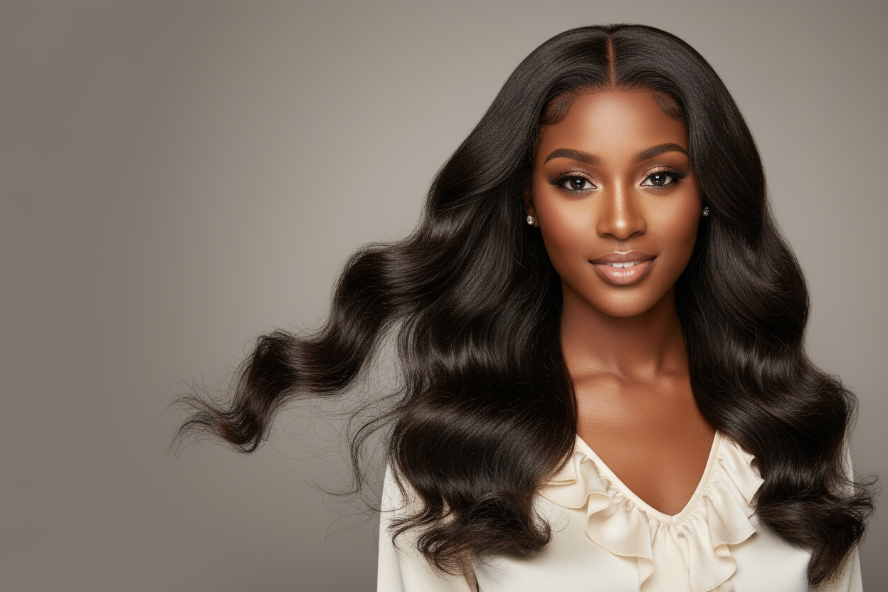 create a hd photo of young African American woman Malaysian Body Wave Bundles