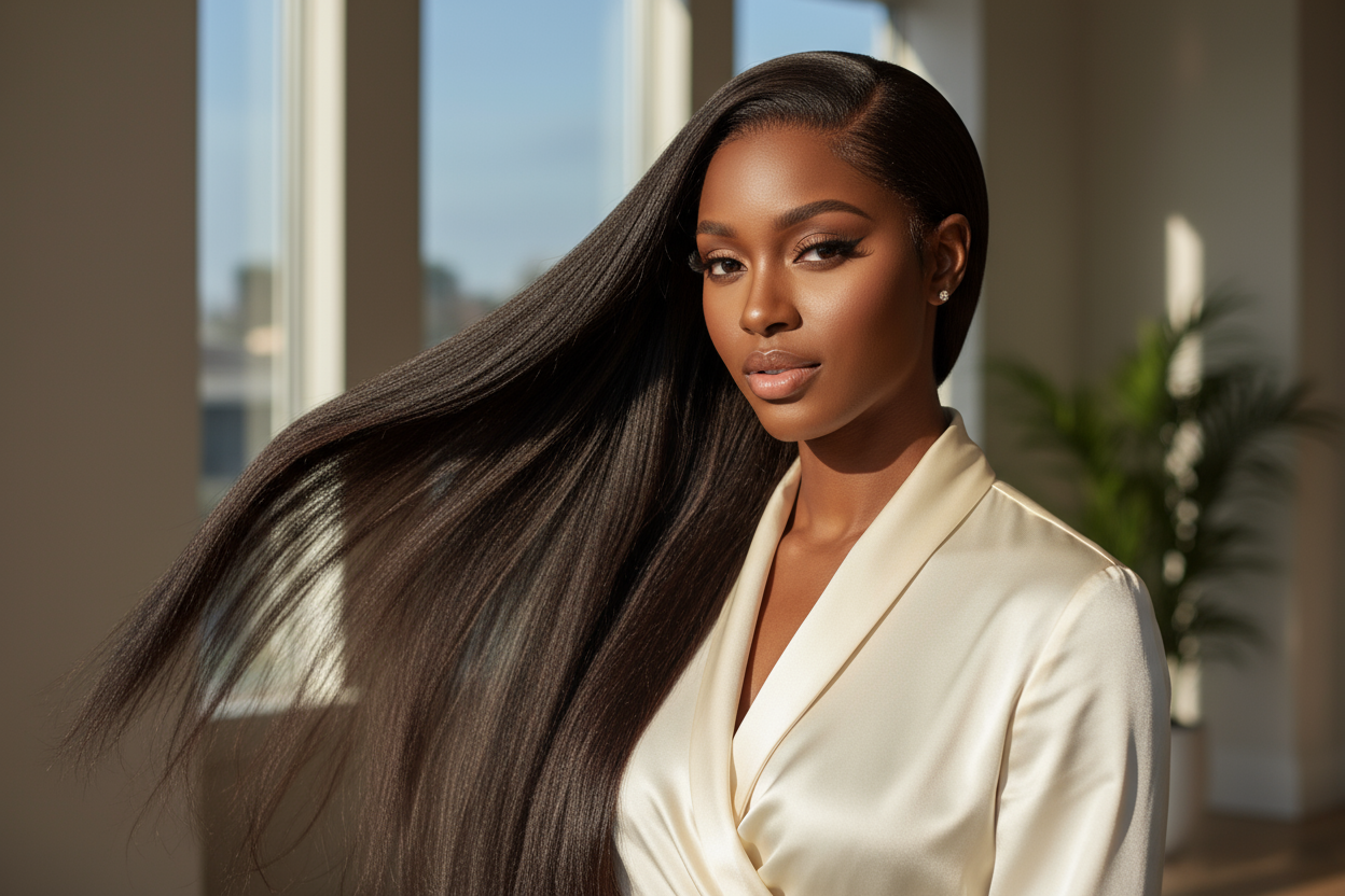 create a photo of a beautiful black woman wearing a Malaysian Silky Straight Hair Bundles