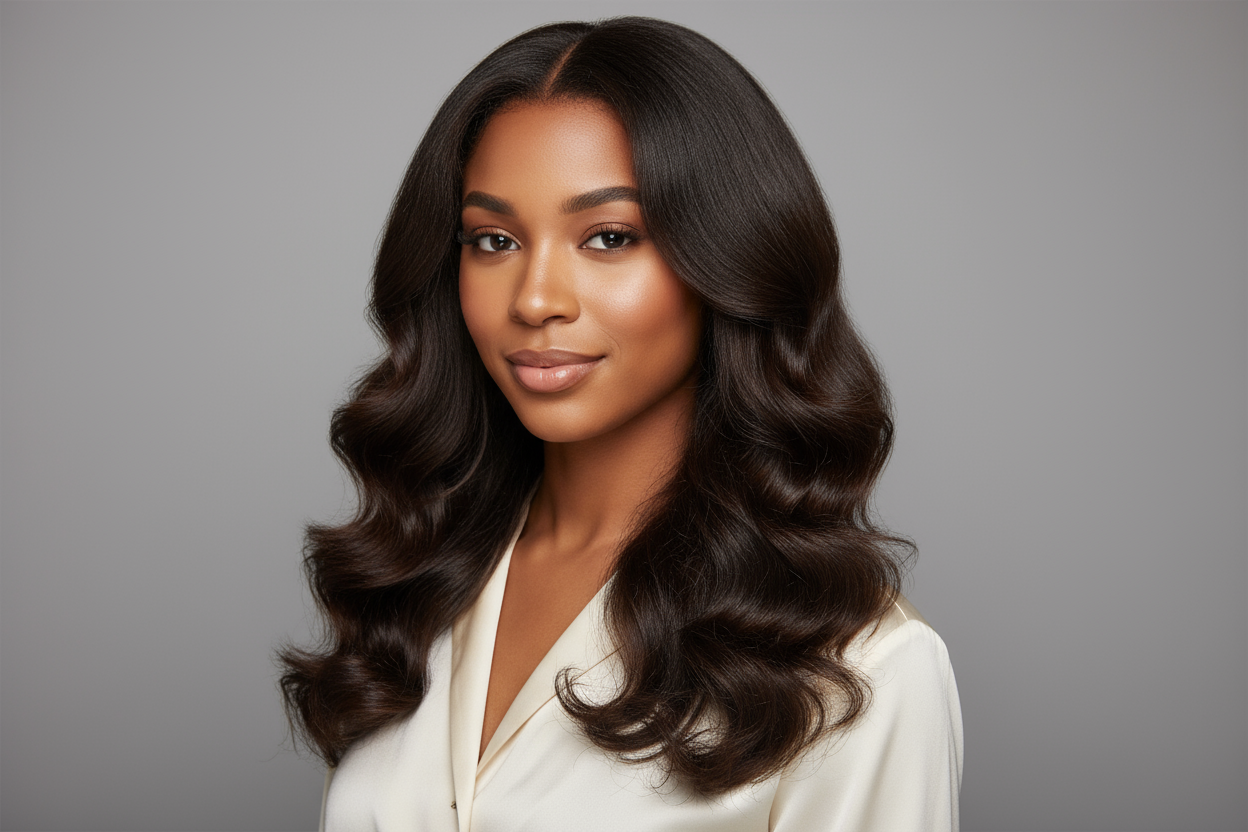 create a young light skin African American wearing a Brazilian Body Wave