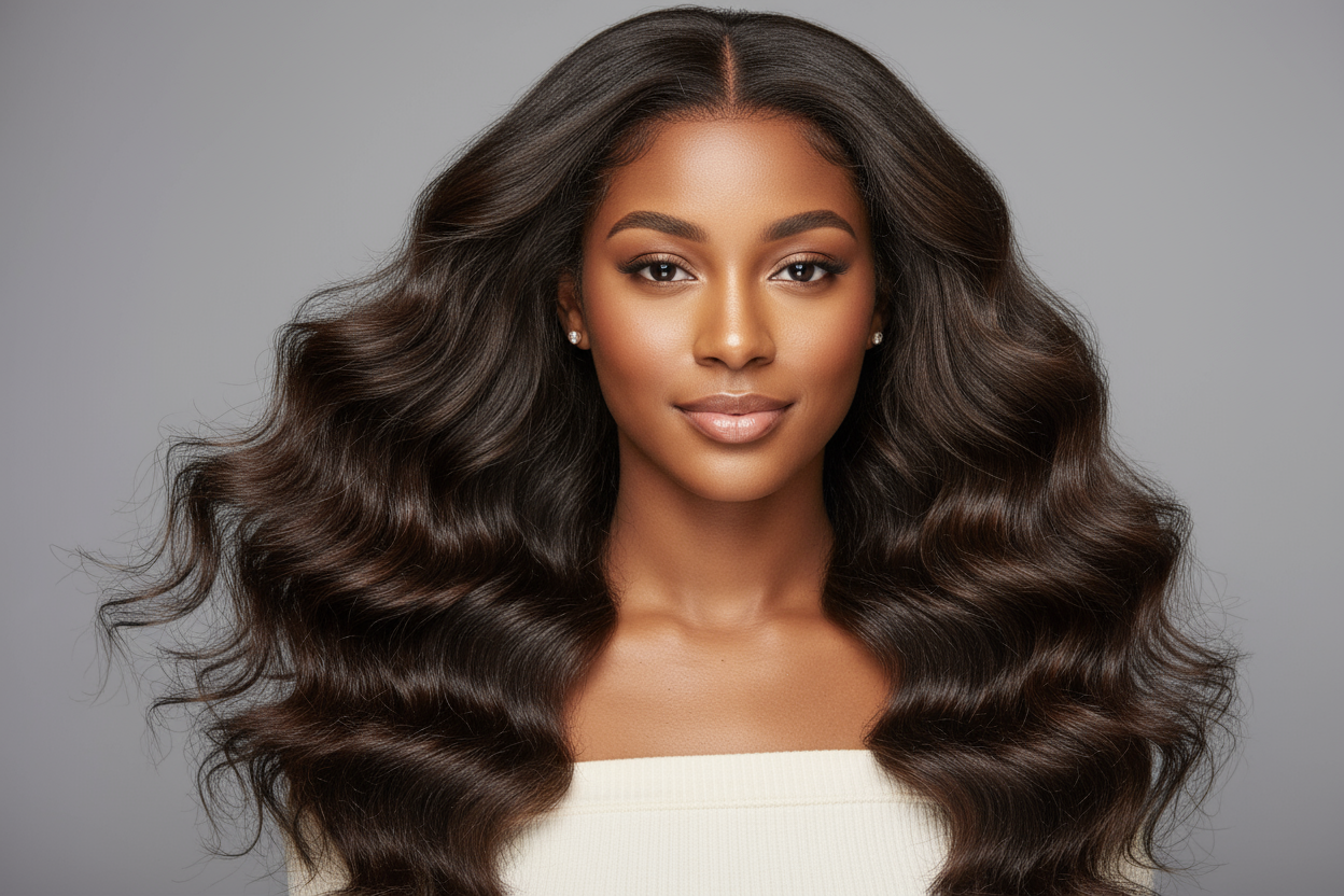 create a young light skin African American wearing a Brazilian Body Wave