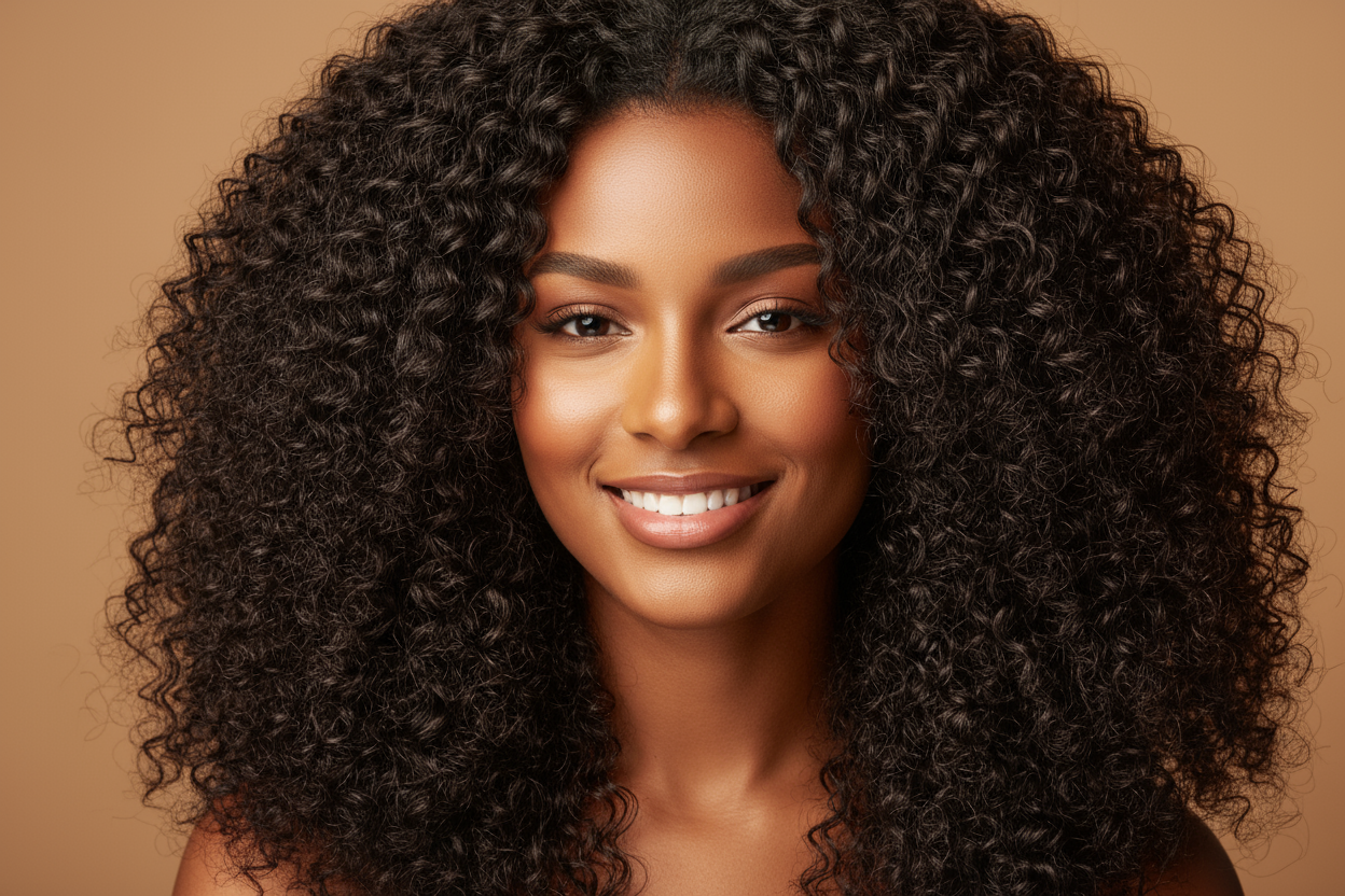 Create an hd photo of a young African American woman wearing a Indian Curly Hair Extensions