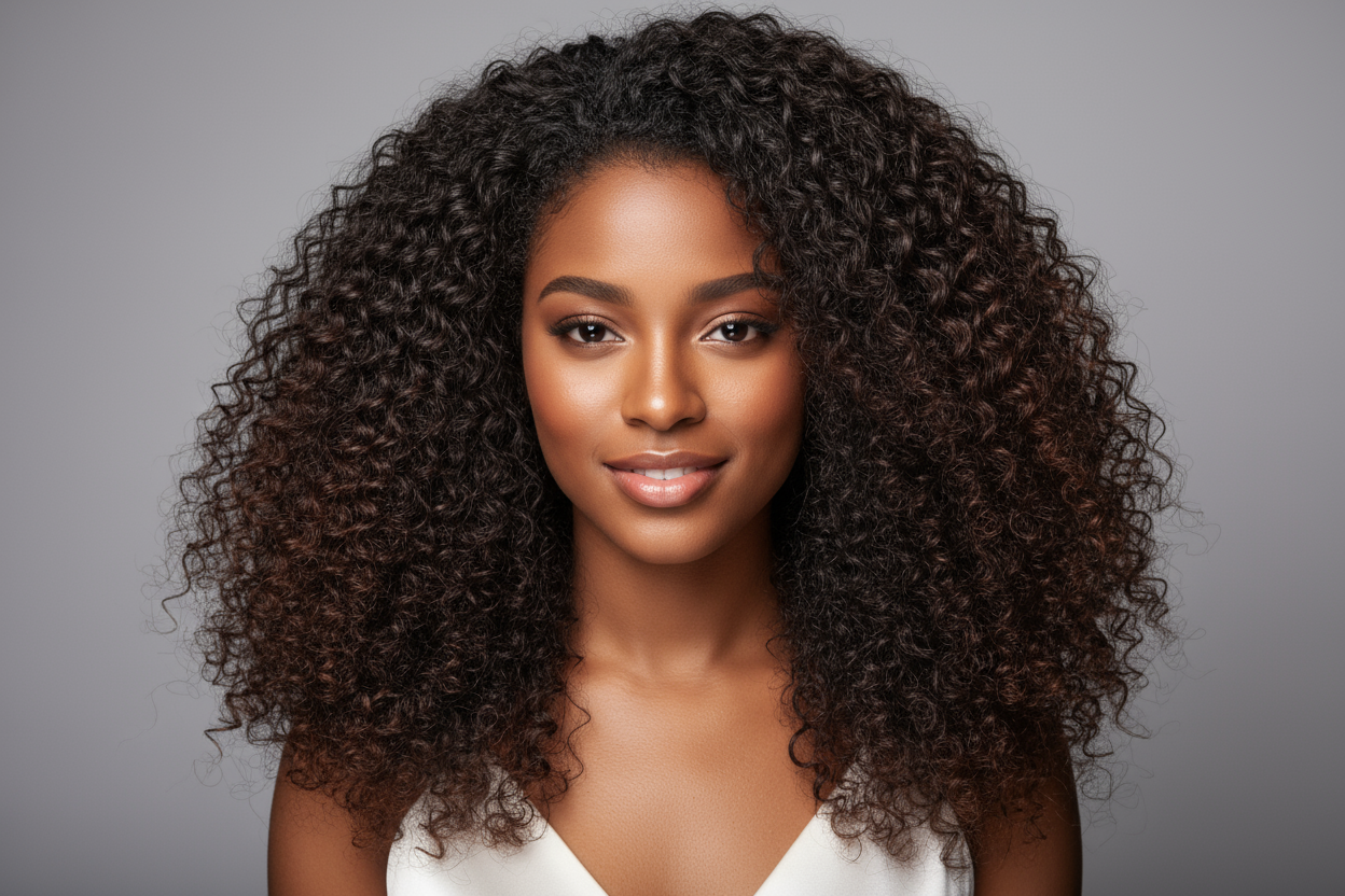 Create an hd photo of a young African American woman wearing a Indian Curly Hair Extensions
