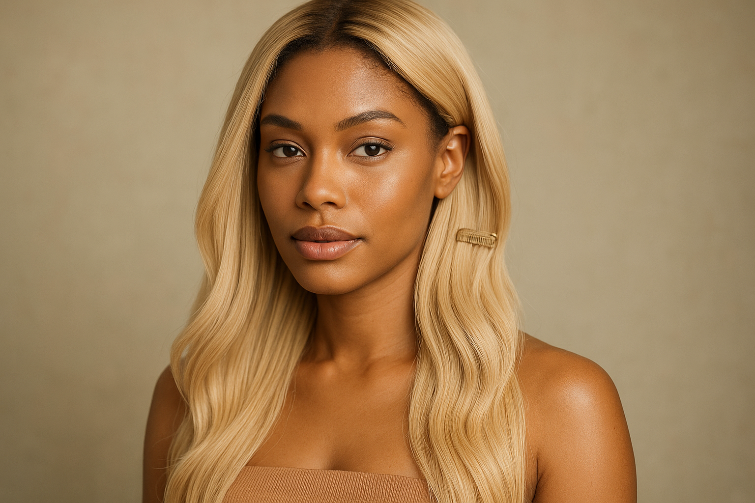 create beautiful light skin black woman wearing a light Blonde Seamless Clip-In