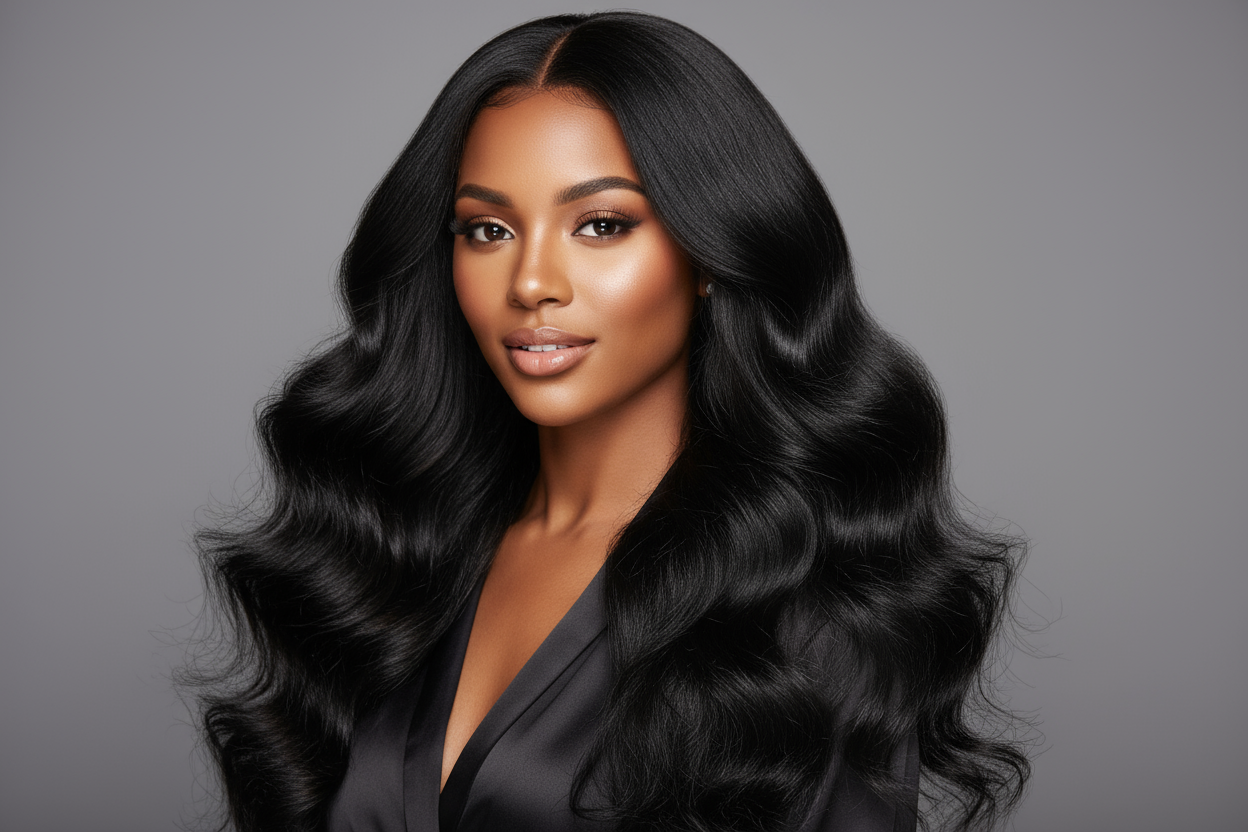 create hd photo a African woman wearing a black Brazilian Loose Wave