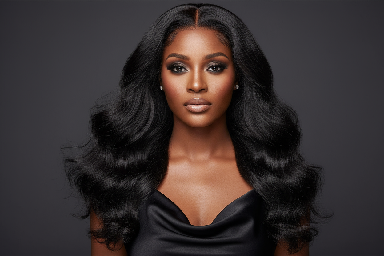 create hd photo a African woman wearing a black Brazilian Loose Wave