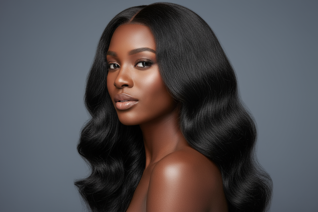 create hd photo a African woman wearing a black Brazilian Loose Wave