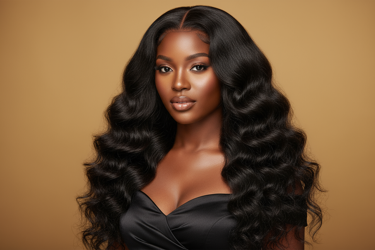 create hd photo of a African American woman wearing Malaysian Body Wave Bundles
