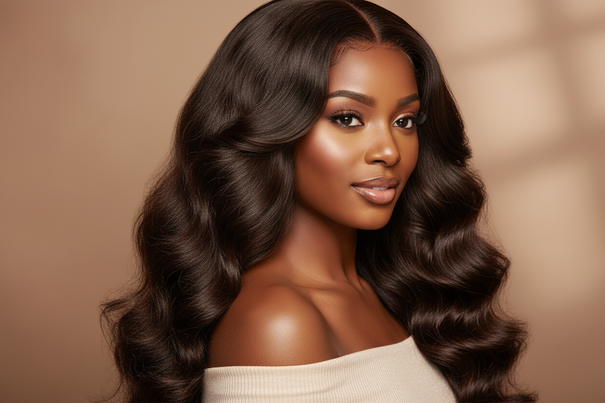 create hd photo of a African American woman wearing Malaysian Body Wave Bundles