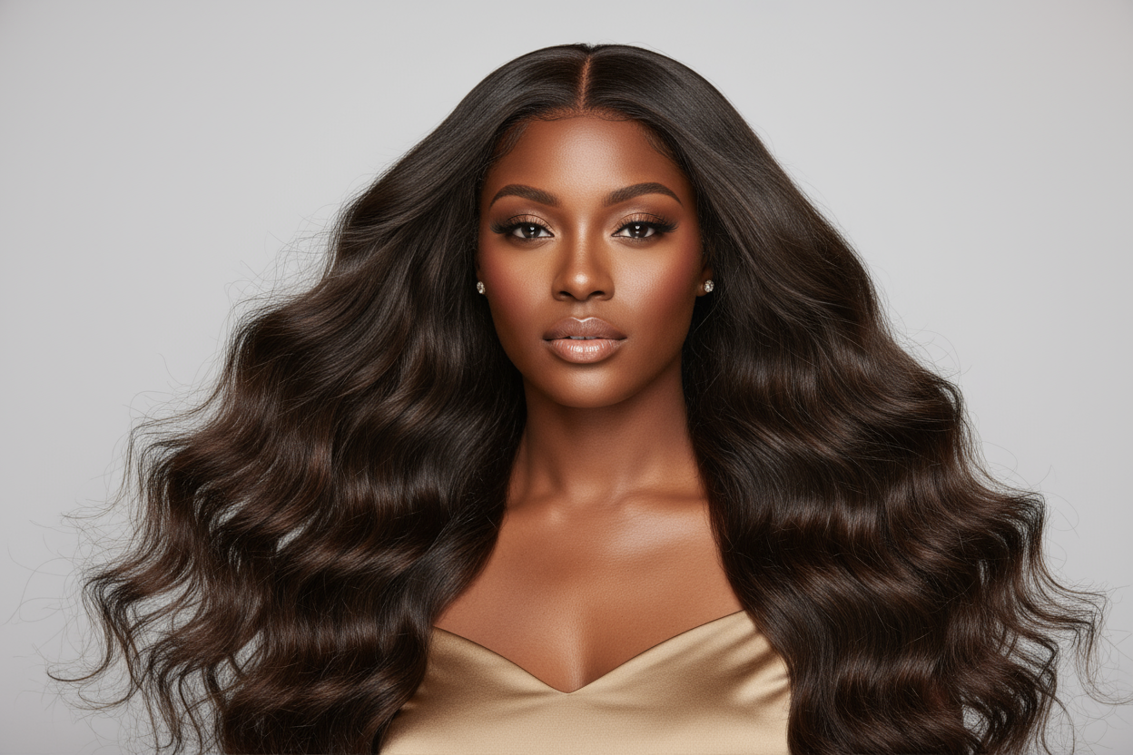 create hd photo of a black woman wearing Brazilian Body Wave Hair Bundles