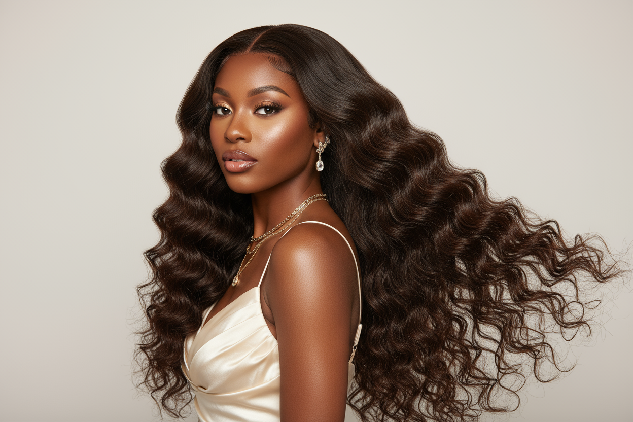 create hd photo of a black woman wearing Brazilian Body Wave Hair Bundles
