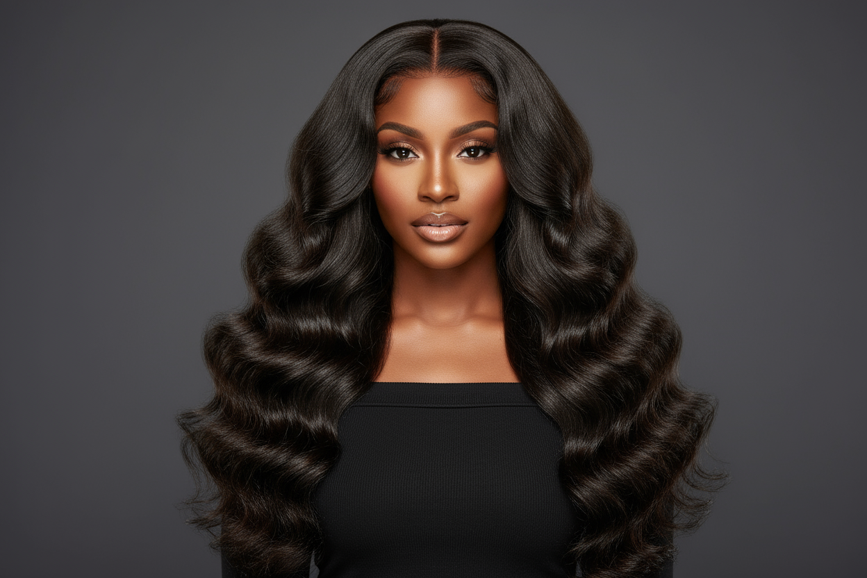 create hd photo of a black woman wearing Brazilian Body Wave Hair Bundles