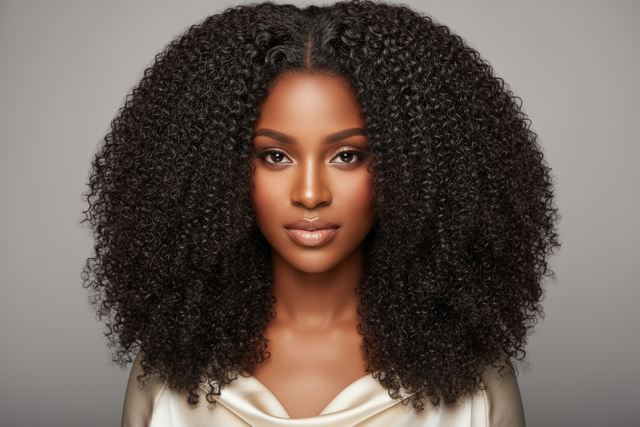 create hd photo of a black woman wearing Indian Curly Hair Bundle