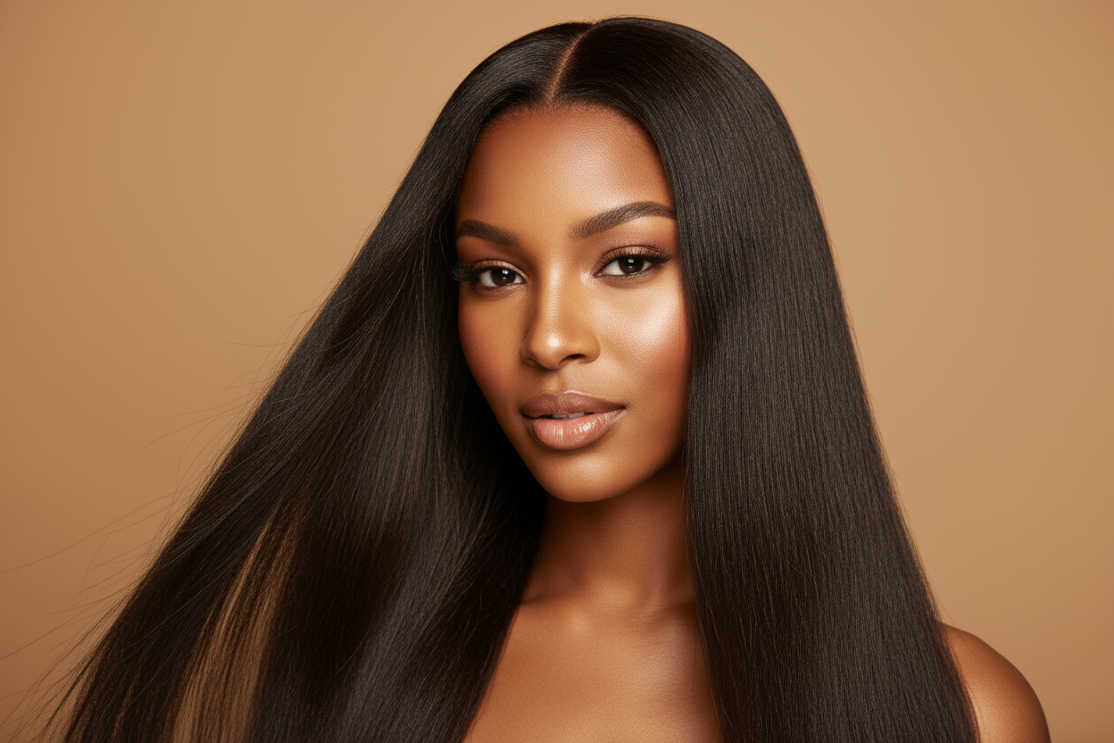 create hd photo of a golden tone light skin African American woman wearing Vietnamese Straight Bundles