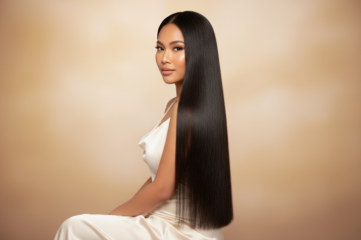 create hd photo of a golden tone light skin woman black wearing Vietnamese Straight Bundles