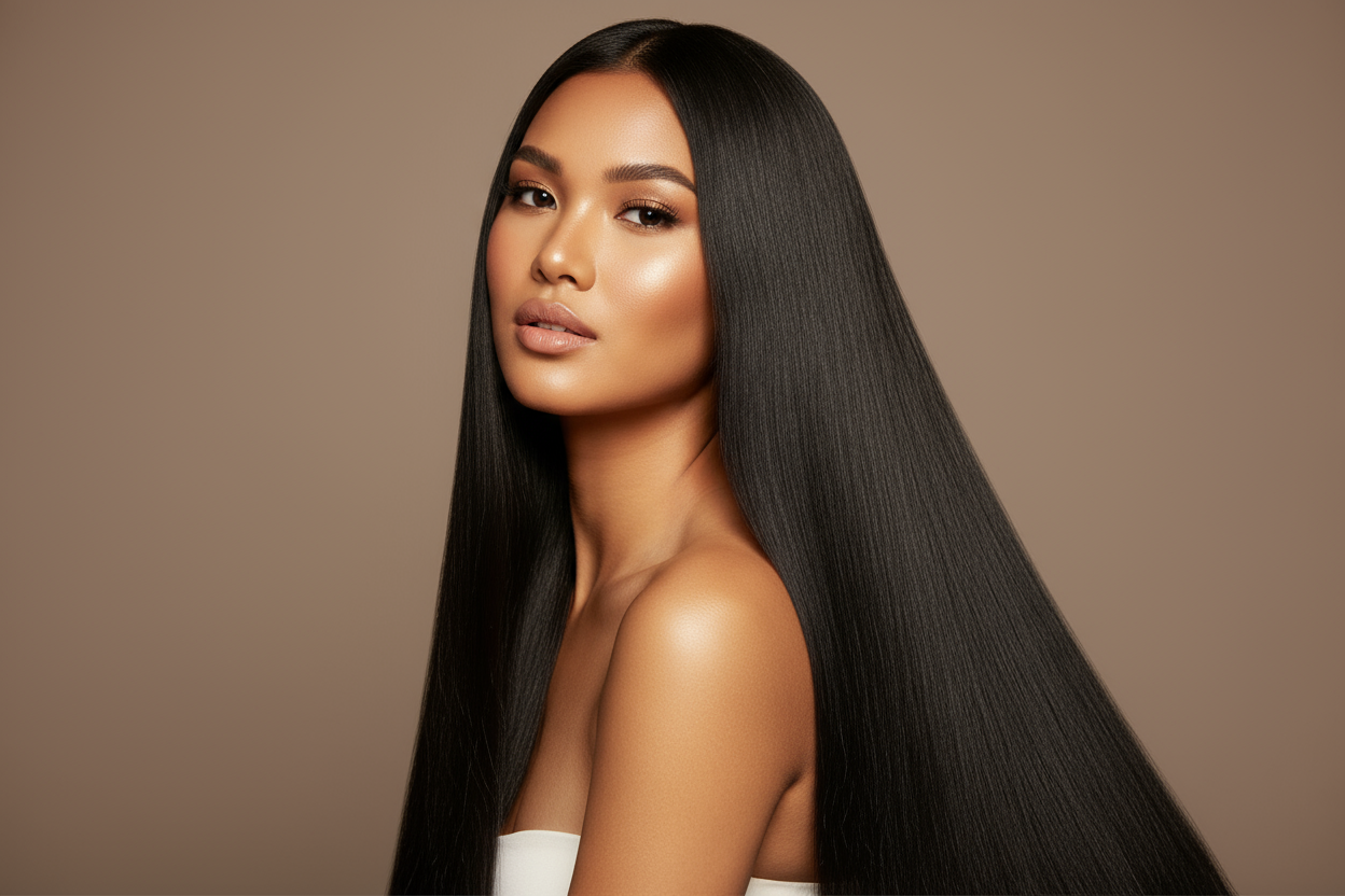 create hd photo of a golden tone light skin woman wearing black Vietnamese Straight Bundles