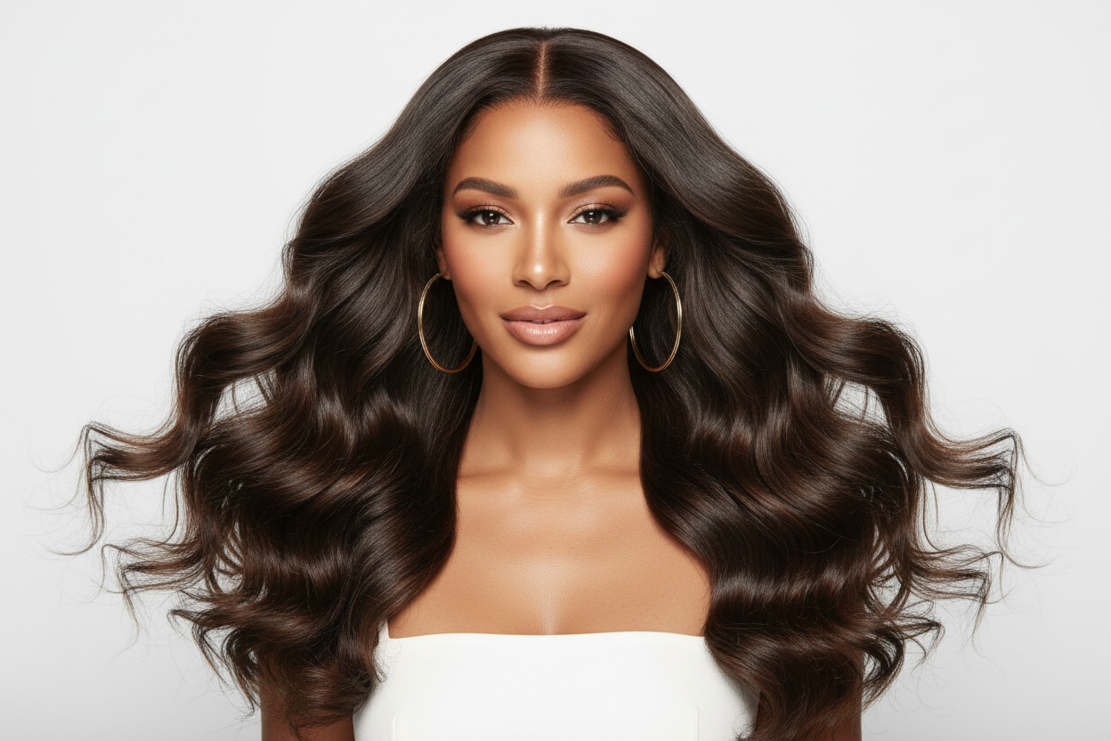 create hd photo of a very light skin black woman wearing Brazilian Loose Wave Hair Bundles 