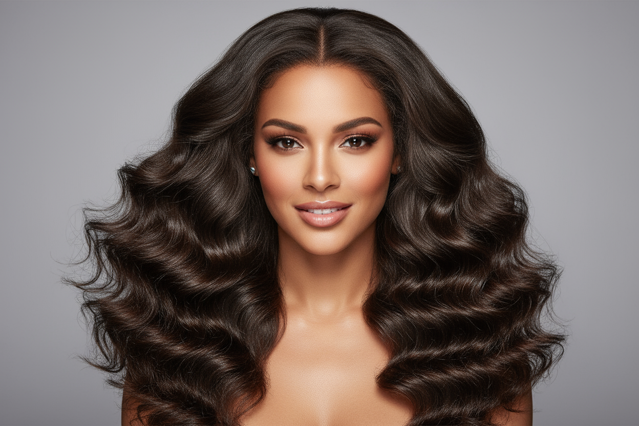 create hd photo of a very light skin black woman wearing Brazilian Loose Wave Hair Bundles