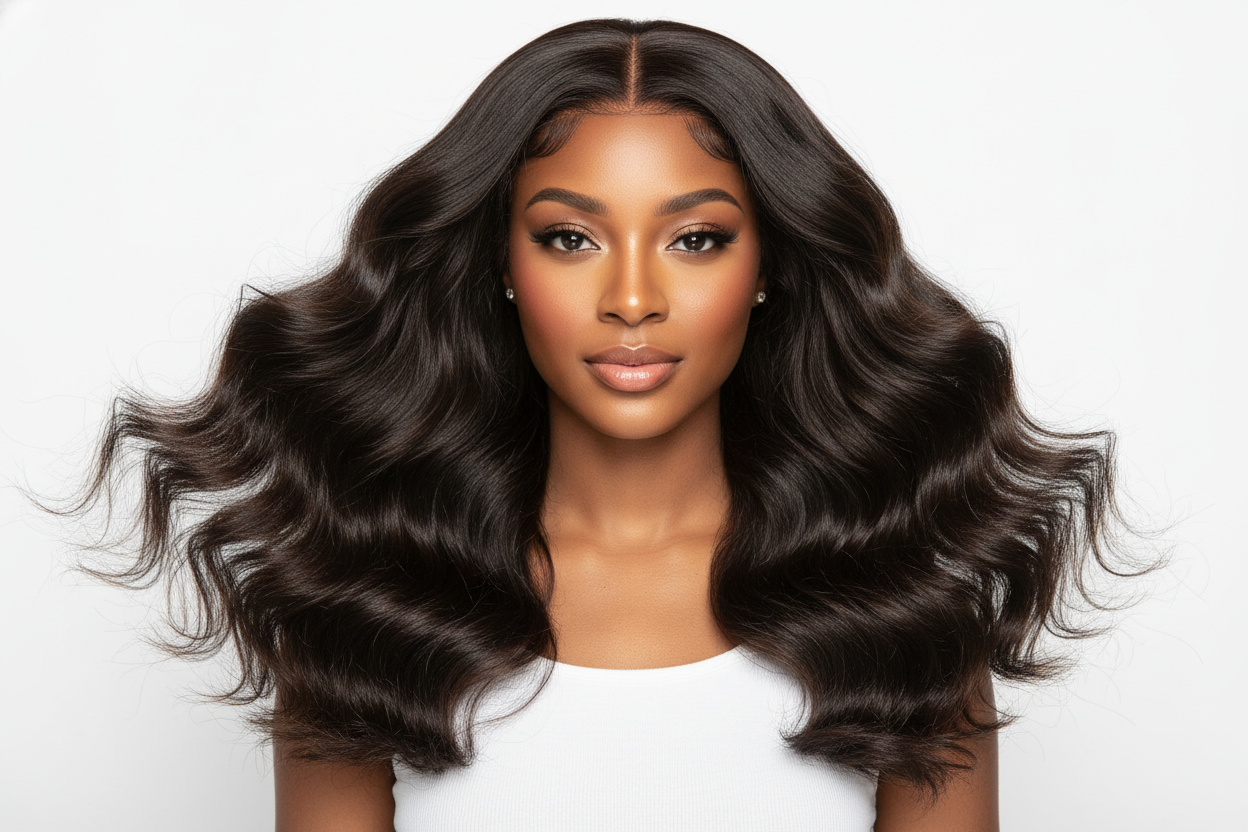 create hd photo of a very light skin black woman wearing Brazilian Loose Wave Hair Bundles