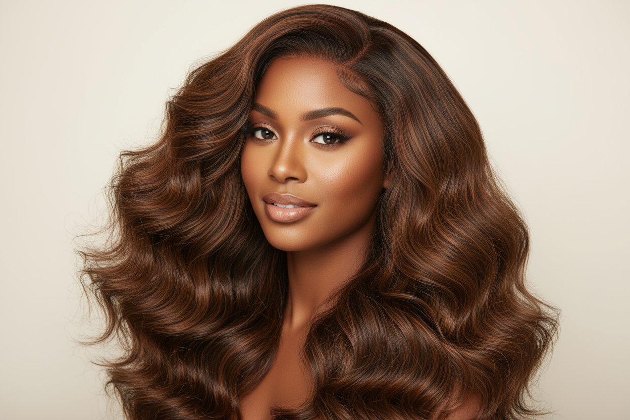 create hd photo of light black woman wearing Medium Brown Body Wave Bundle 