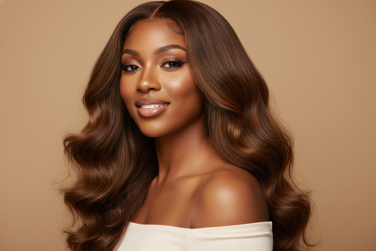 create hd photo of light black woman wearing Medium Brown Body Wave Bundle 