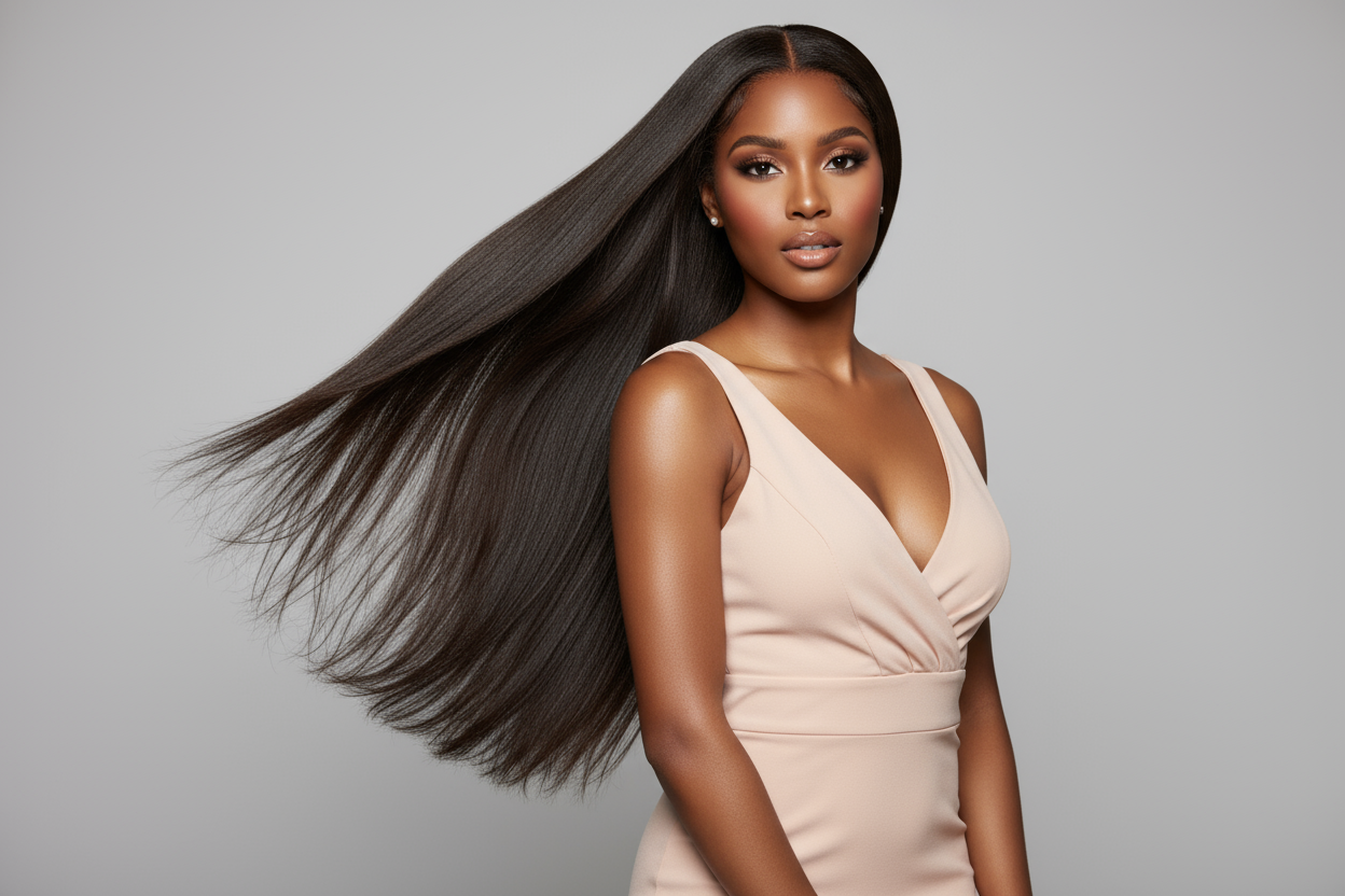 create hd photo of light skin black woman wearing Brazilian Silky Straight Hair Bundles