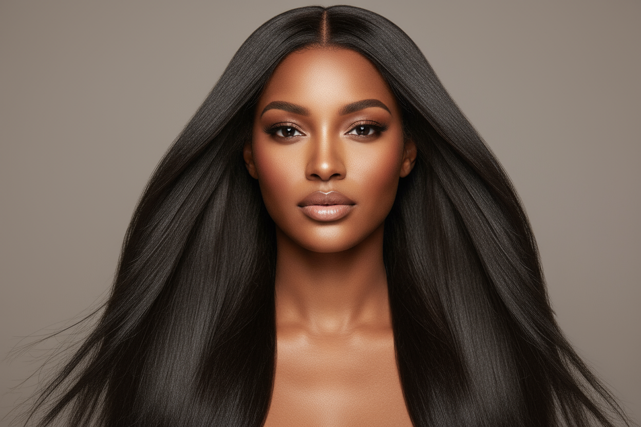 create hd photo of light skin black woman wearing Brazilian Silky Straight Hair Bundles