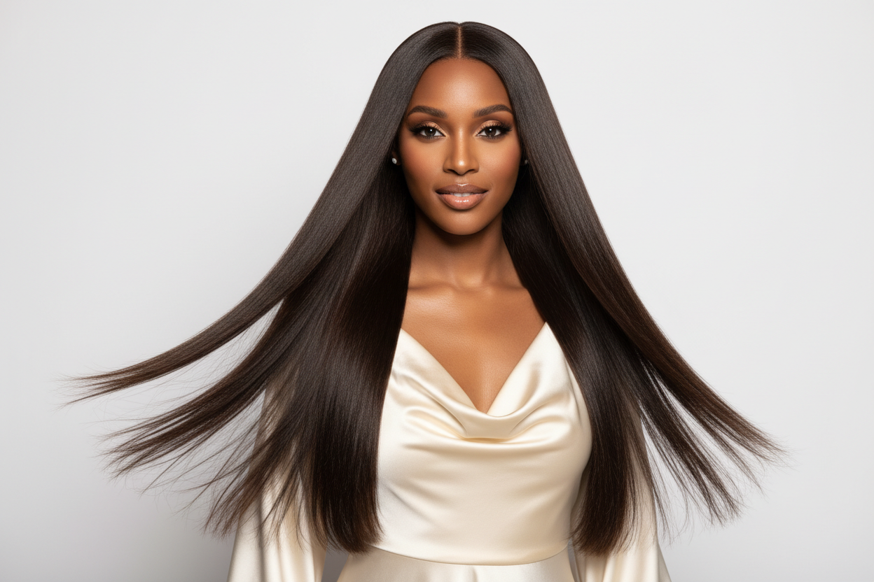 create hd photo of light skin black woman wearing Brazilian Silky Straight Hair Bundles