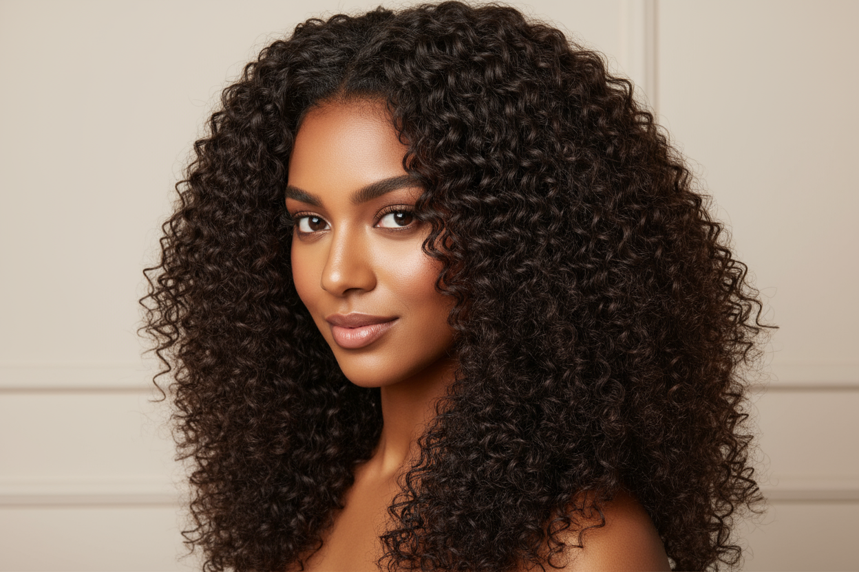 create hd photo of woman wearing a Indian Curly Hair Bundle