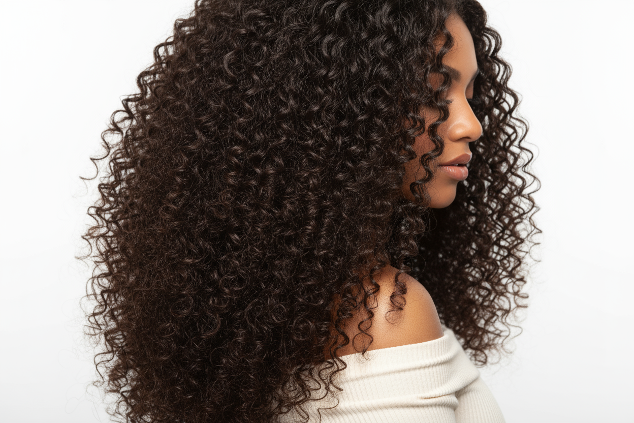 create hd photo of woman wearing a Indian Curly Hair Bundle