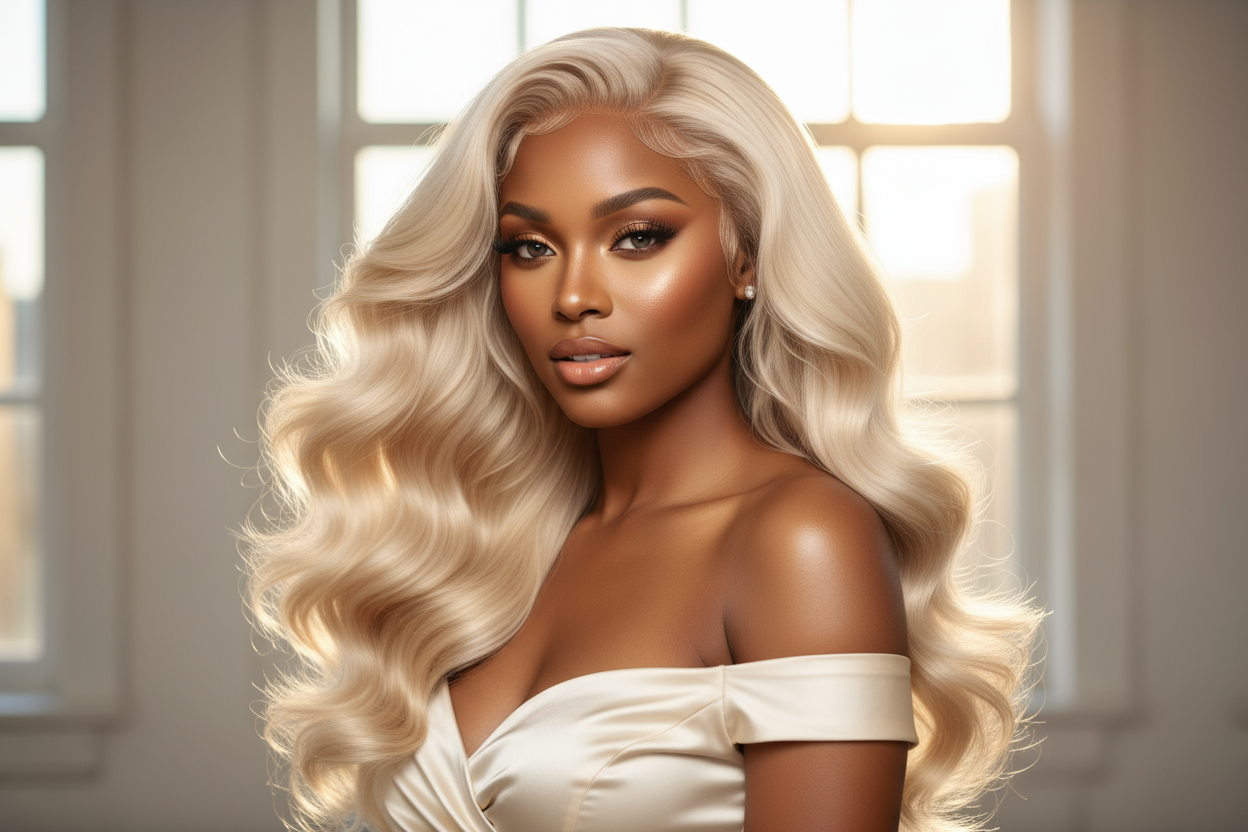 create image of a beautiful light skin black woman wearing a 613 Russian Blonde Body Wave Bundles Hair