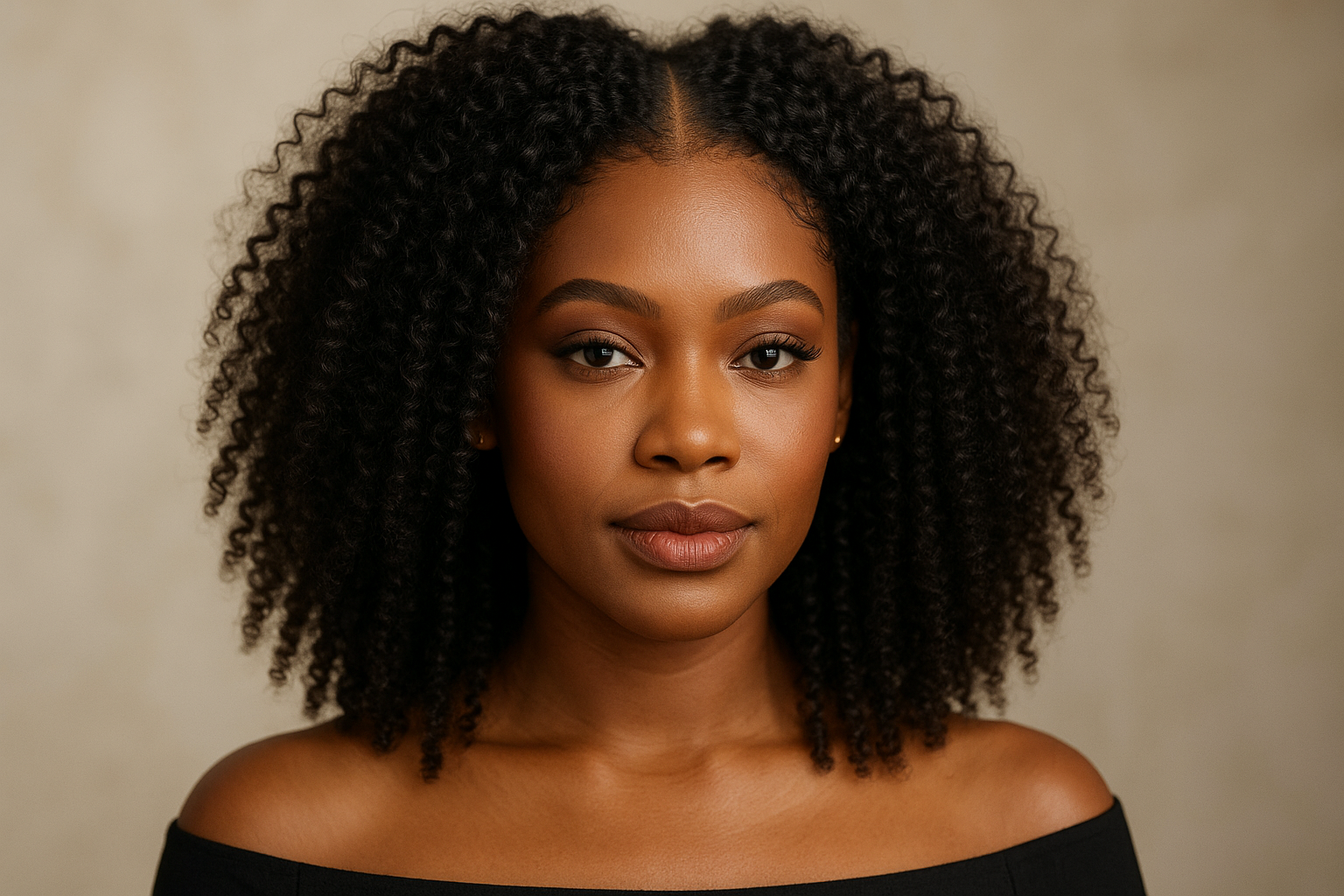 create photo of a beautiful black woman wearing a Brazilian Kinky Curly 4x4 Closure