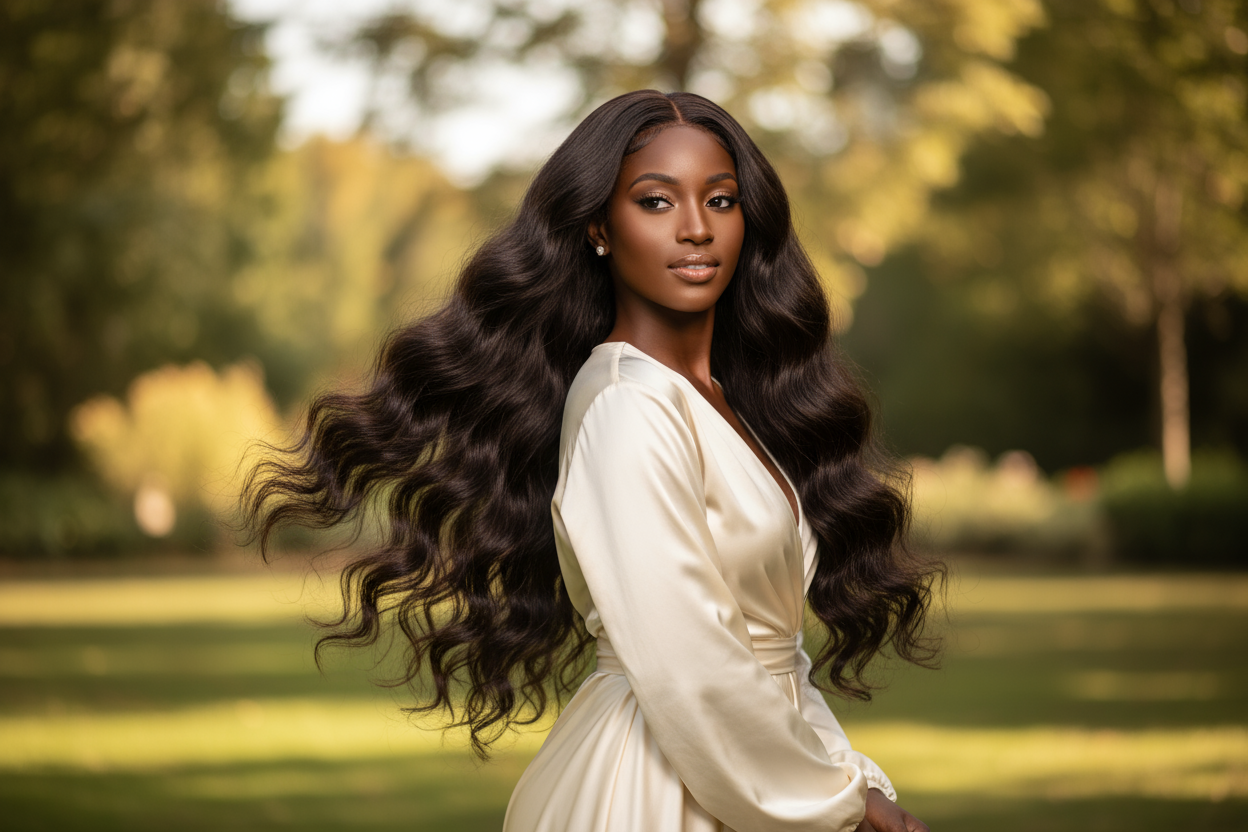 create photo of a beautiful black woman wearing a Malaysian Body Wave bundles