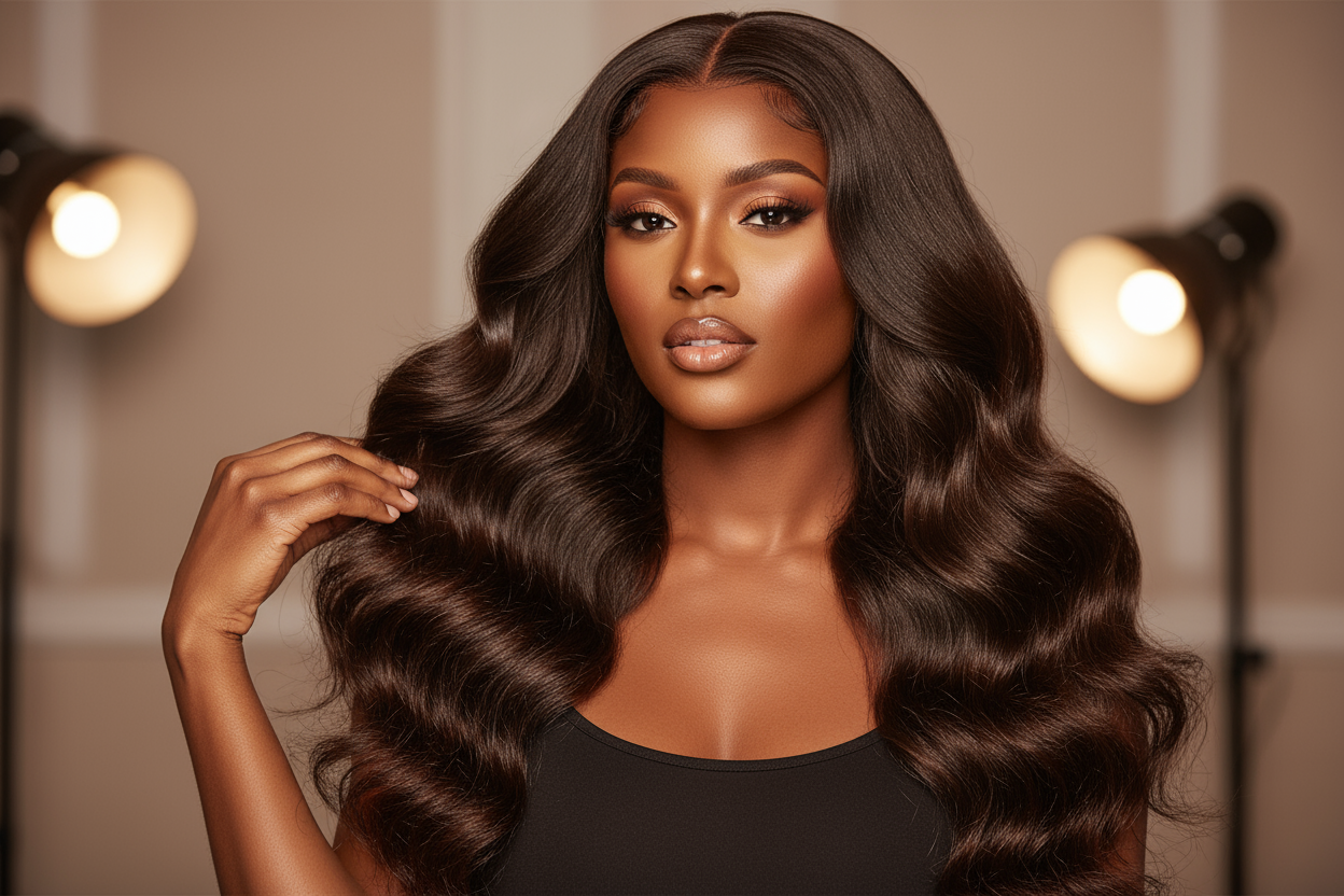 create photo of a beautiful black woman wearing a Malaysian Body Wave bundles