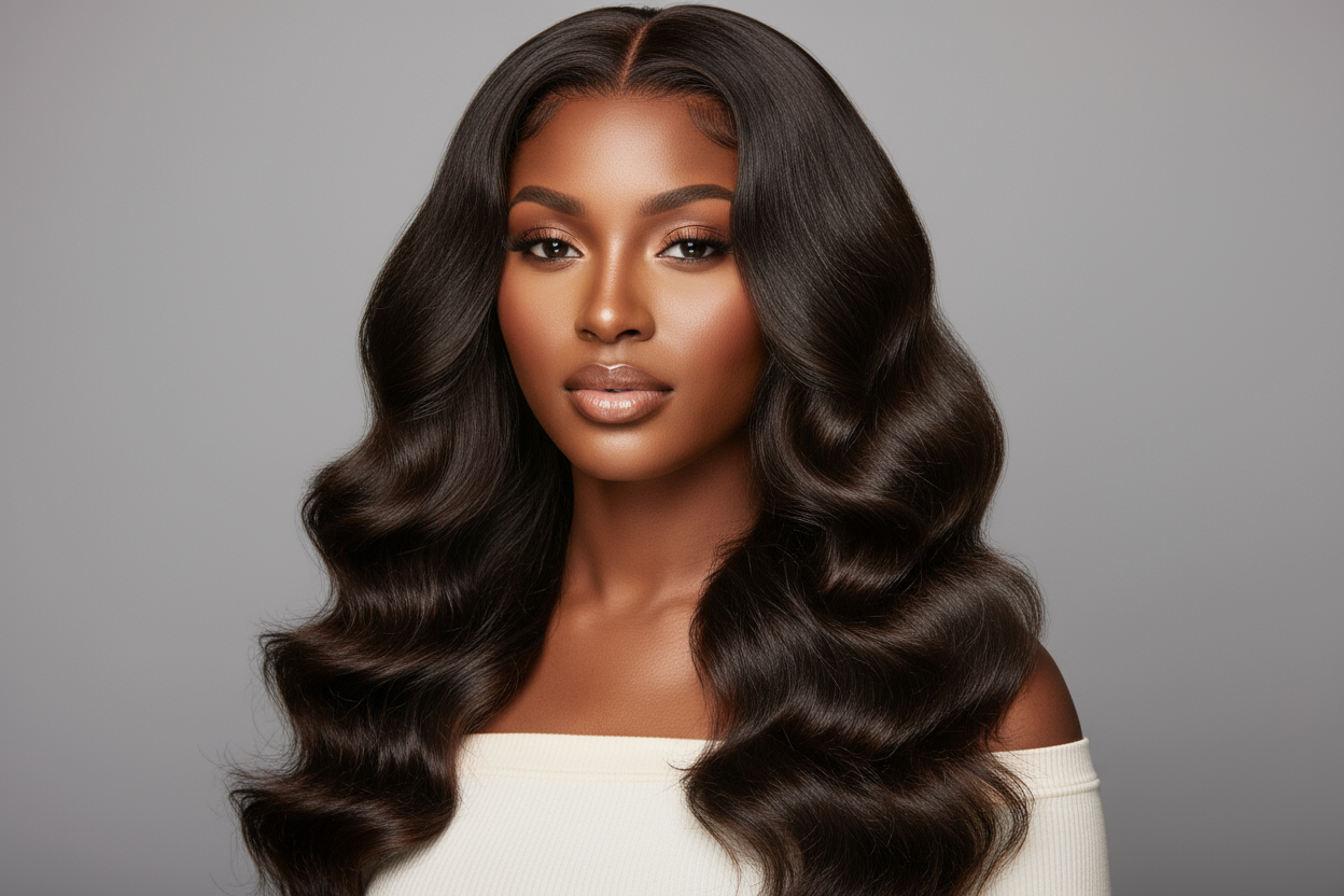 create photo of a beautiful black woman wearing a Malaysian Body Wave bundles