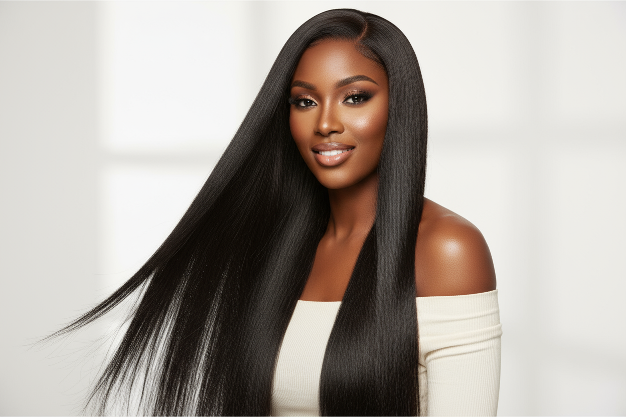 create photo of a beautiful black woman wearing a Malaysian Silky Straight Hair Bundles