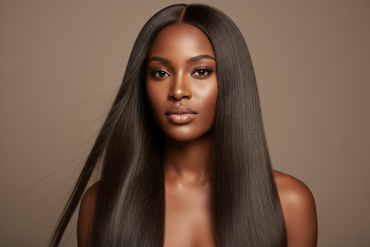 create photo of a beautiful black woman wearing a Malaysian Silky Straight Hair Bundles