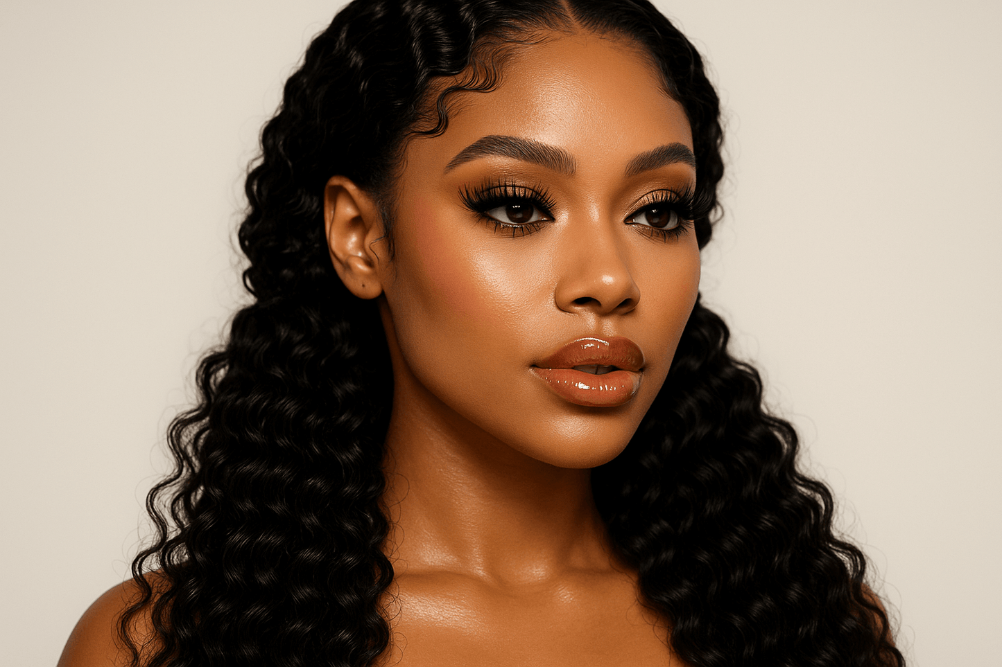 create photo of beautiful woman 20-30 age wearing makeup, lipgloss, mink lashes, and bulk hair Raw Vietnamese Ripple Curly Bulk Human Hair Extensions braids