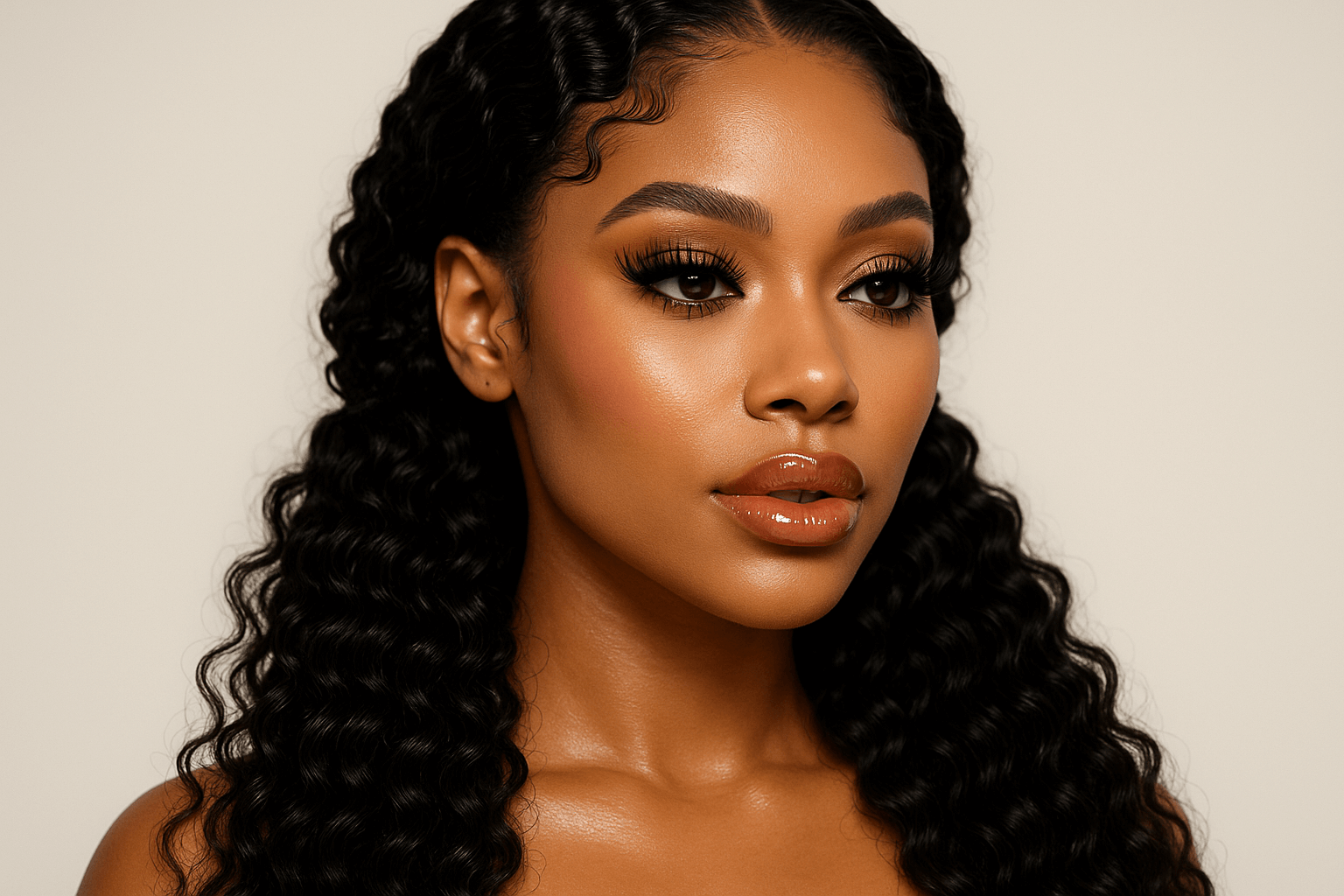 create photo of beautiful woman 20-30 age wearing makeup, lipgloss, mink lashes, and bulk hair Raw Vietnamese Ripple Curly Bulk Human Hair Extensions braids