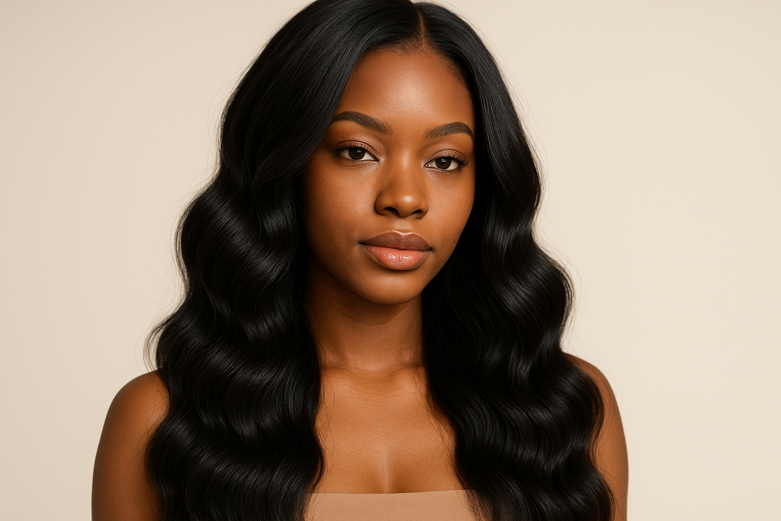 create young woman black wearing a Malaysian body wave