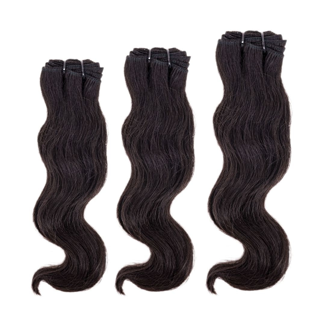 Three bundles of dark Indian wavy hair bundles from NEW BEAUTY DEPOT with natural wave texture