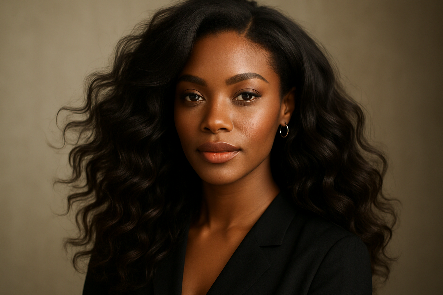 Woman with long thick black Indian wavy hair bundles styled in soft waves wearing black outfit
