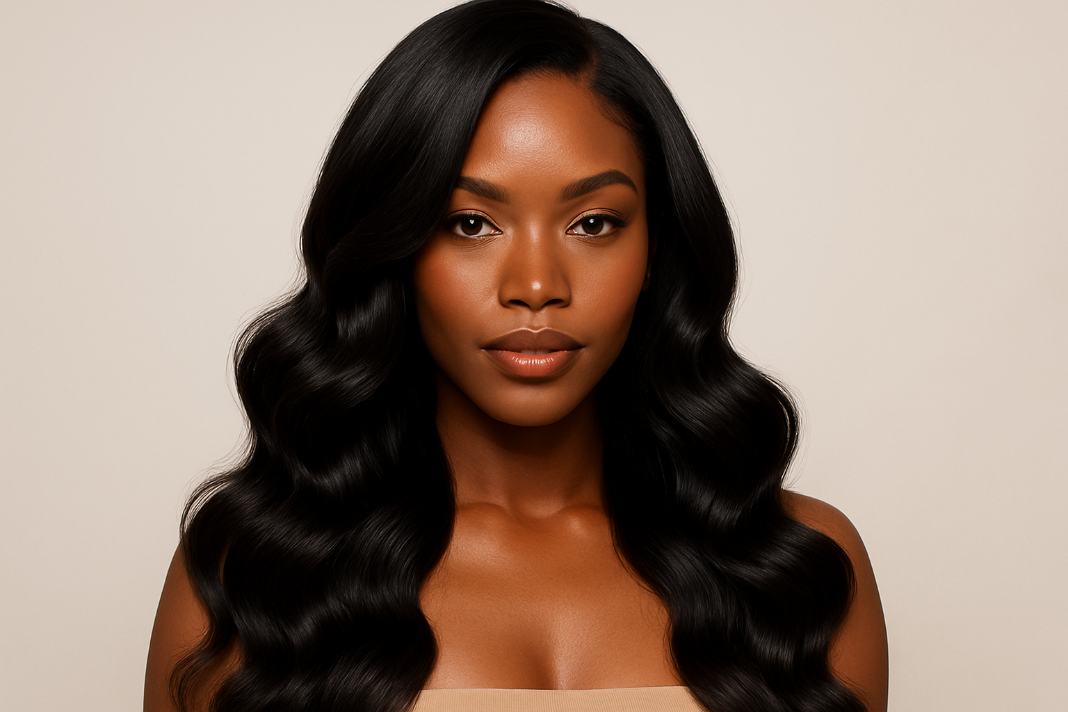 Woman with long jet black body wave hair bundles styled in soft waves