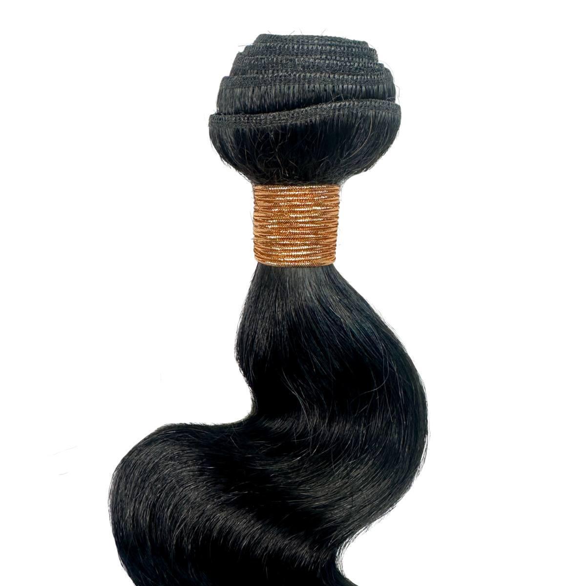 Jet black body wave hair bundles with smooth, shiny texture from NEW BEAUTY DEPOT