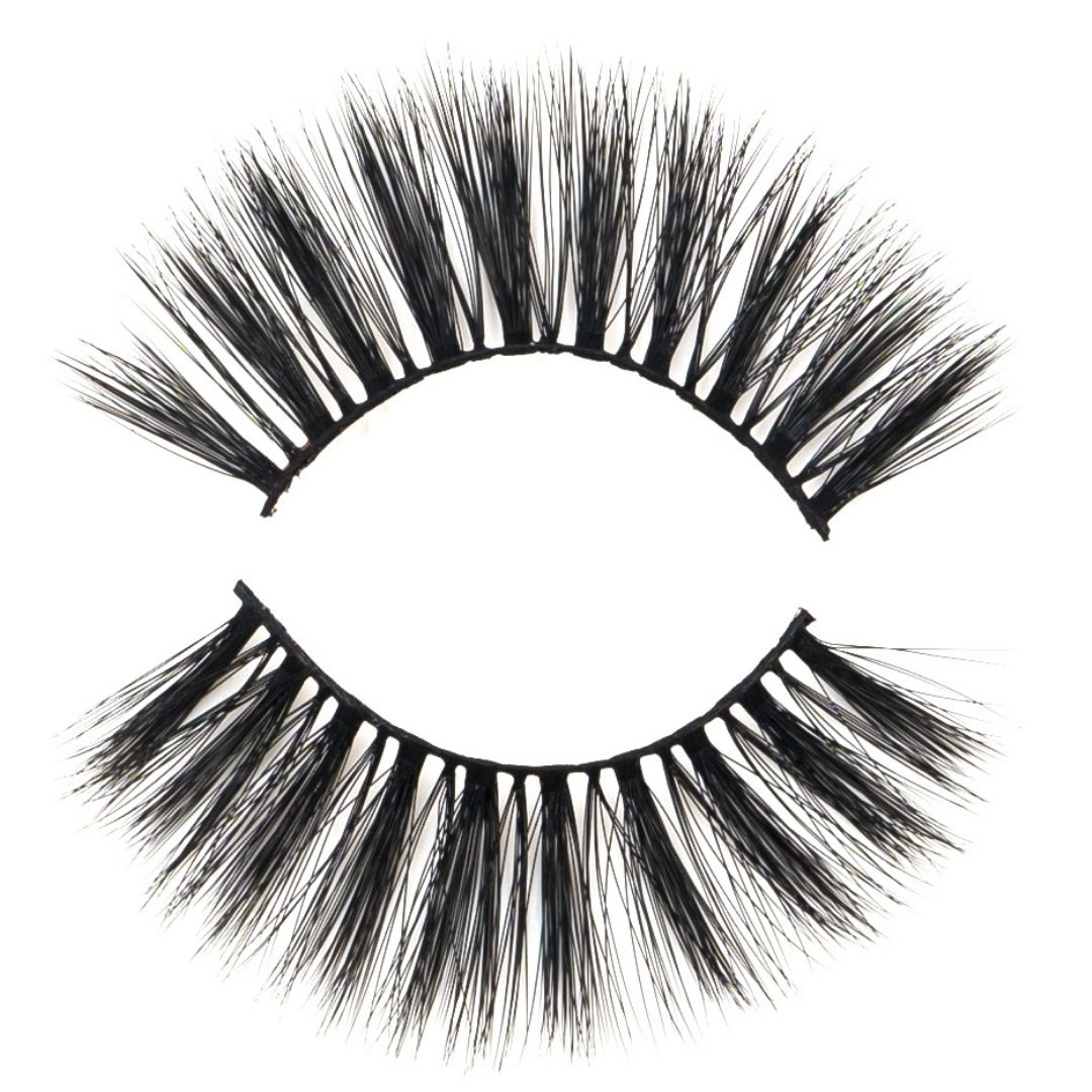 NEW BEAUTY DEPOT lavender 3D volume lashes with full, wispy black design for dramatic eye look