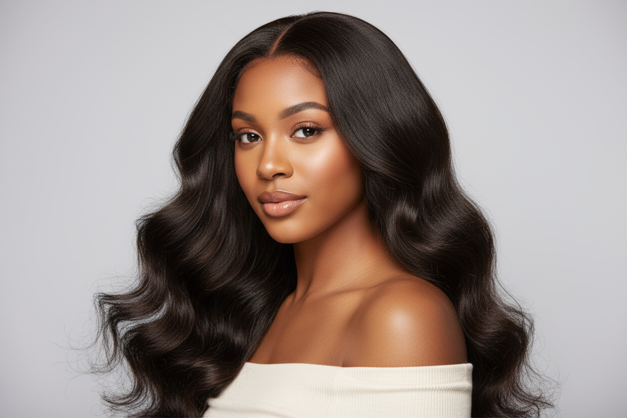 photo of a African American light skin young lady wearing a Brazilian Body Wave