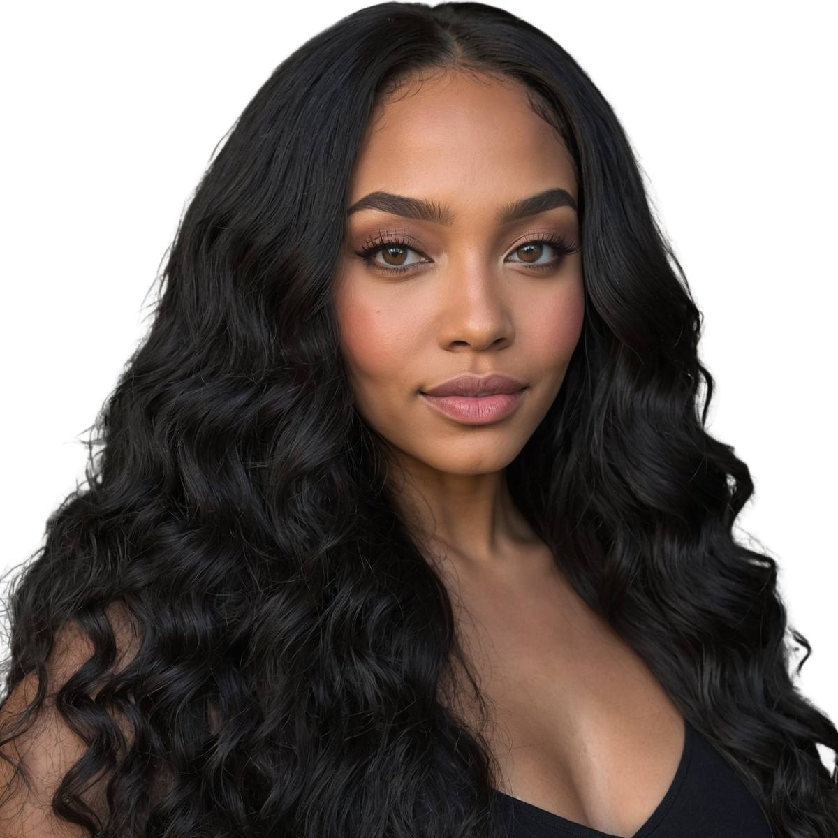 Woman with long black Spanish wave hair bundles styled in loose, shiny waves by NEW BEAUTY DEPOT