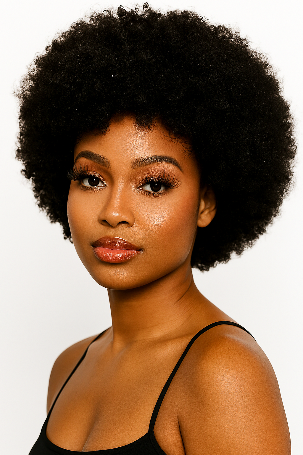 Woman with natural afro hairstyle showcasing Brazilian afro kinky hair bundles from New Beauty Depot