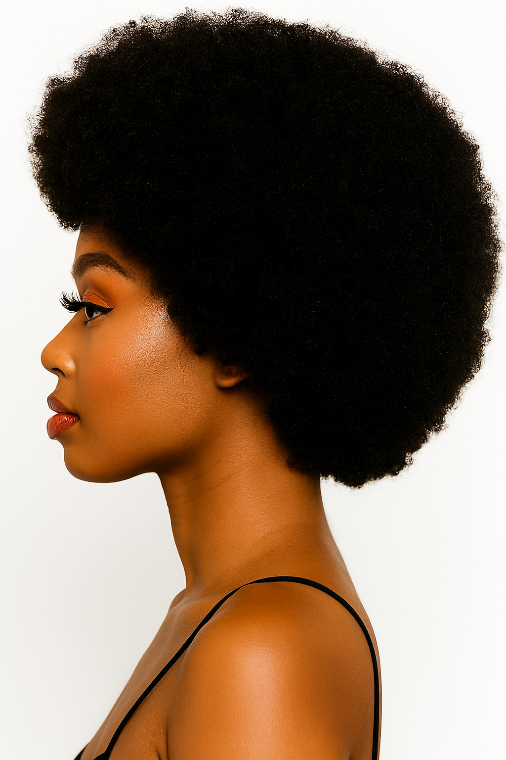 Profile of a woman with natural afro hairstyle featuring Brazilian afro kinky hair bundles