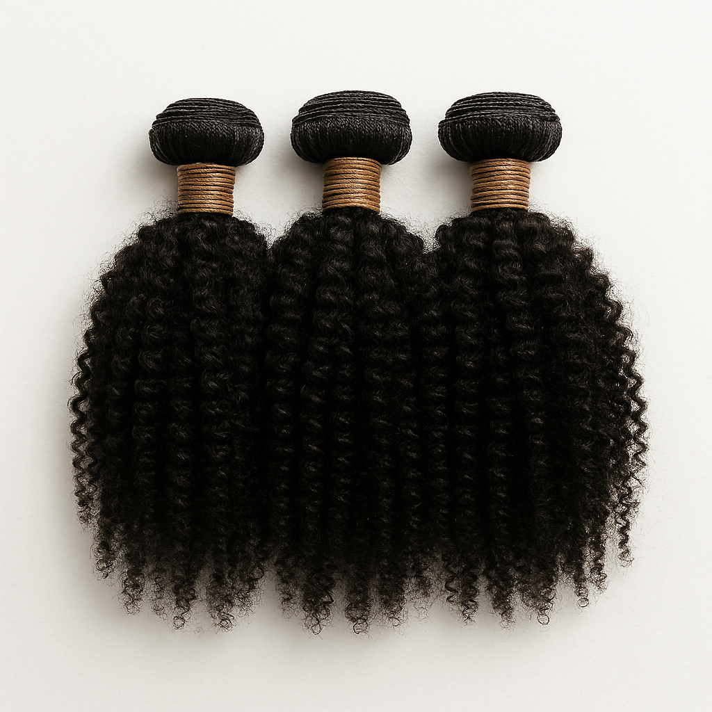 Three bundles of Brazilian afro kinky hair bundles with tight curls and natural black color