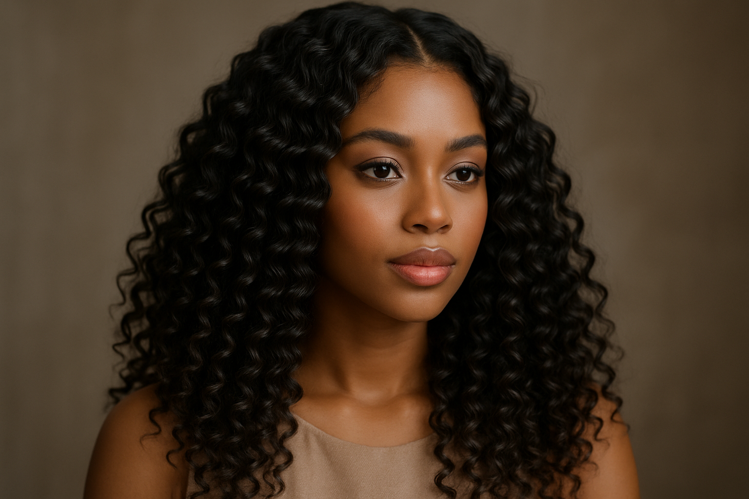Woman with long voluminous black Vietnamese curly hair bundles styled in tight curls